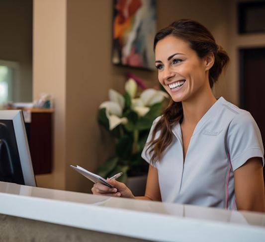 Smiling dental team member behind front desk