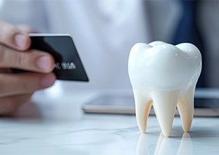 Large model tooth on marble counter with a hand holding black credit card